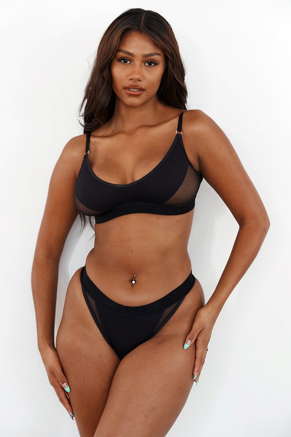 Lounge Underwear Contour Mesh Bra & Thong/Briefs Set Svarte | AY5864291