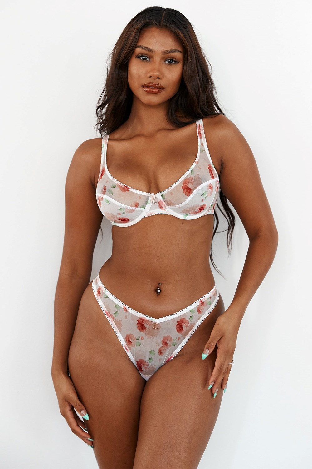 Lounge Underwear Floral Mesh Balcony Bra & Thong Set Hvite | DV2890746