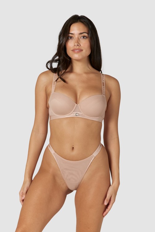 Lounge Underwear Smooth Mesh T-shirt Bra & Thong/Briefs Set Taupe | TN9430652