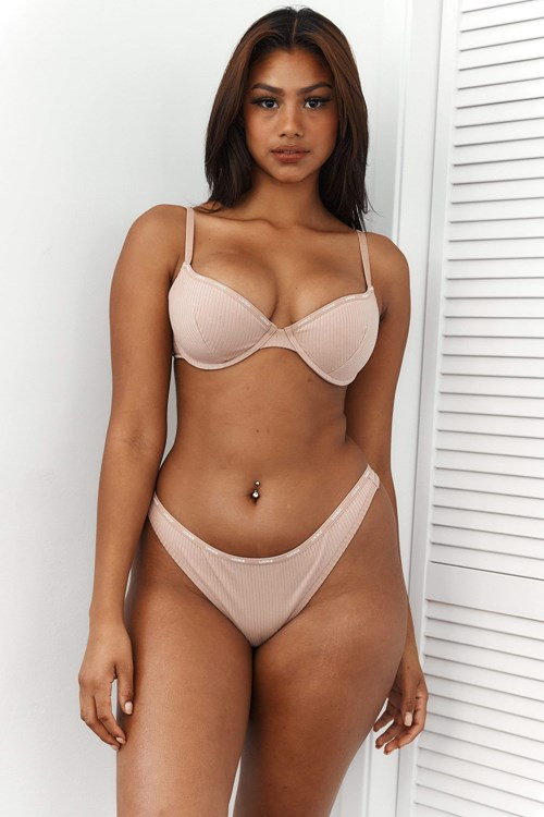 Lounge Underwear So Soft Ribbet T Shirt Bra & Thong Set Taupe | IK8701695